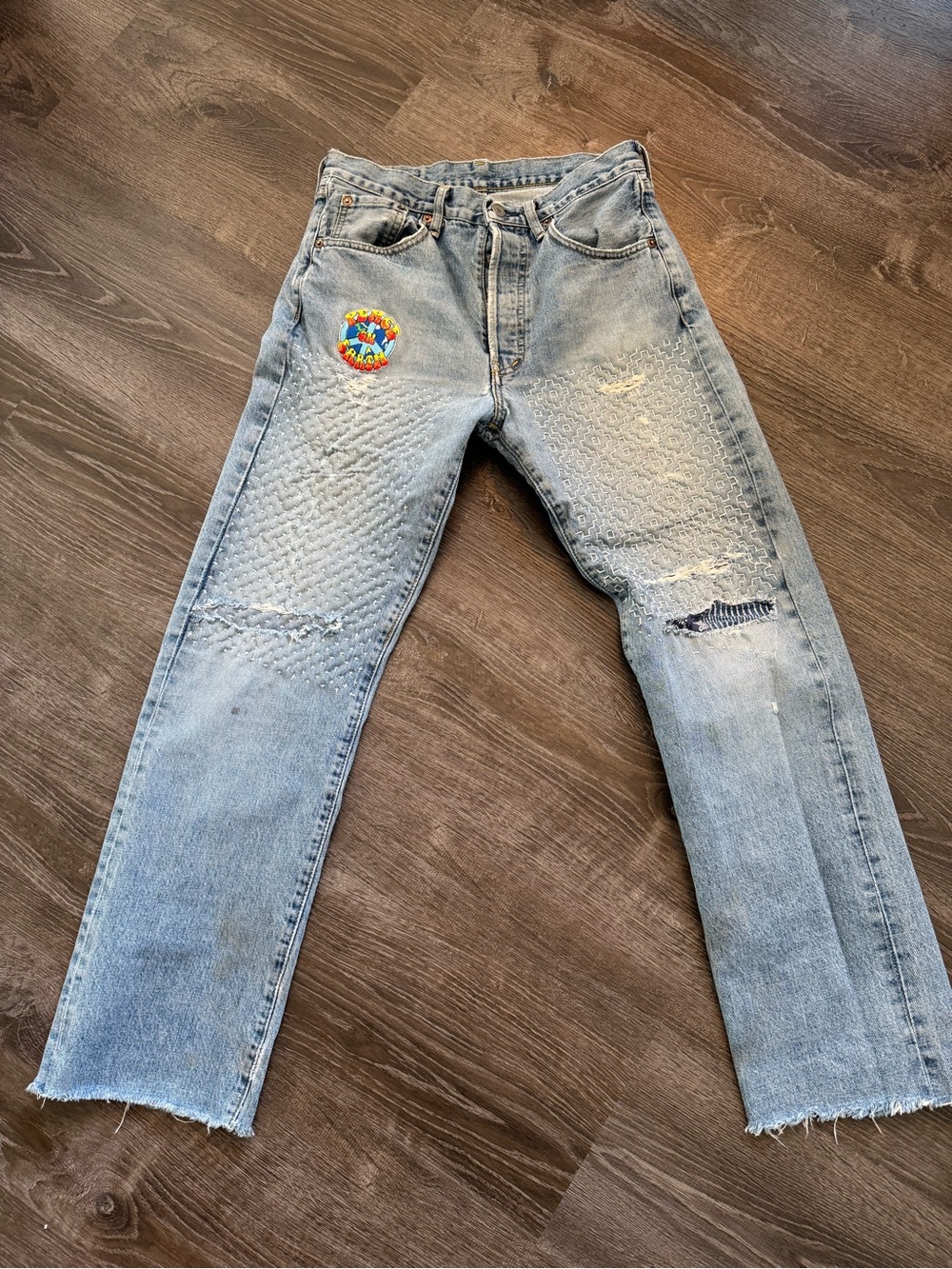 Levi's Light Blue Straight Leg Jeans with Colorful Embroidered Patch
